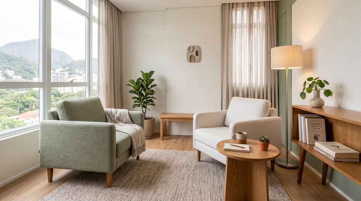 Sala de atendimento clara com poltronas, plantas e iluminação natural
