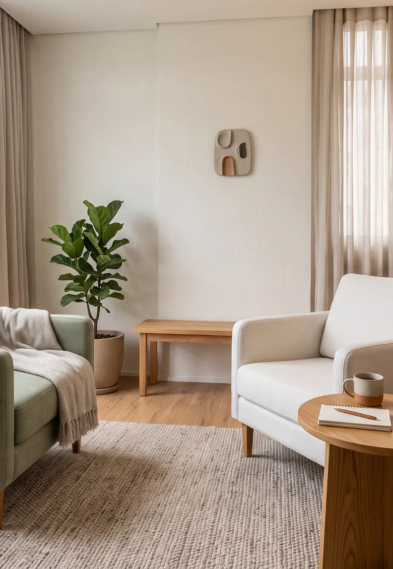 Sala de atendimento com duas poltronas e vista para o Rio
