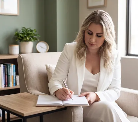 Renata escrevendo em um caderno no consultório